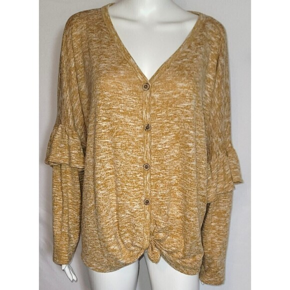 Fantastic Fawn Mustard Button Front Tie Front Oversized Cardigan Size M - Picture 1 of 11